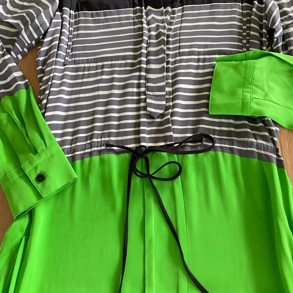 Diane Von Furstenberg Black, Gray Stripe & Neon Green Long Sleeve Dress - Picture 3 of 4
